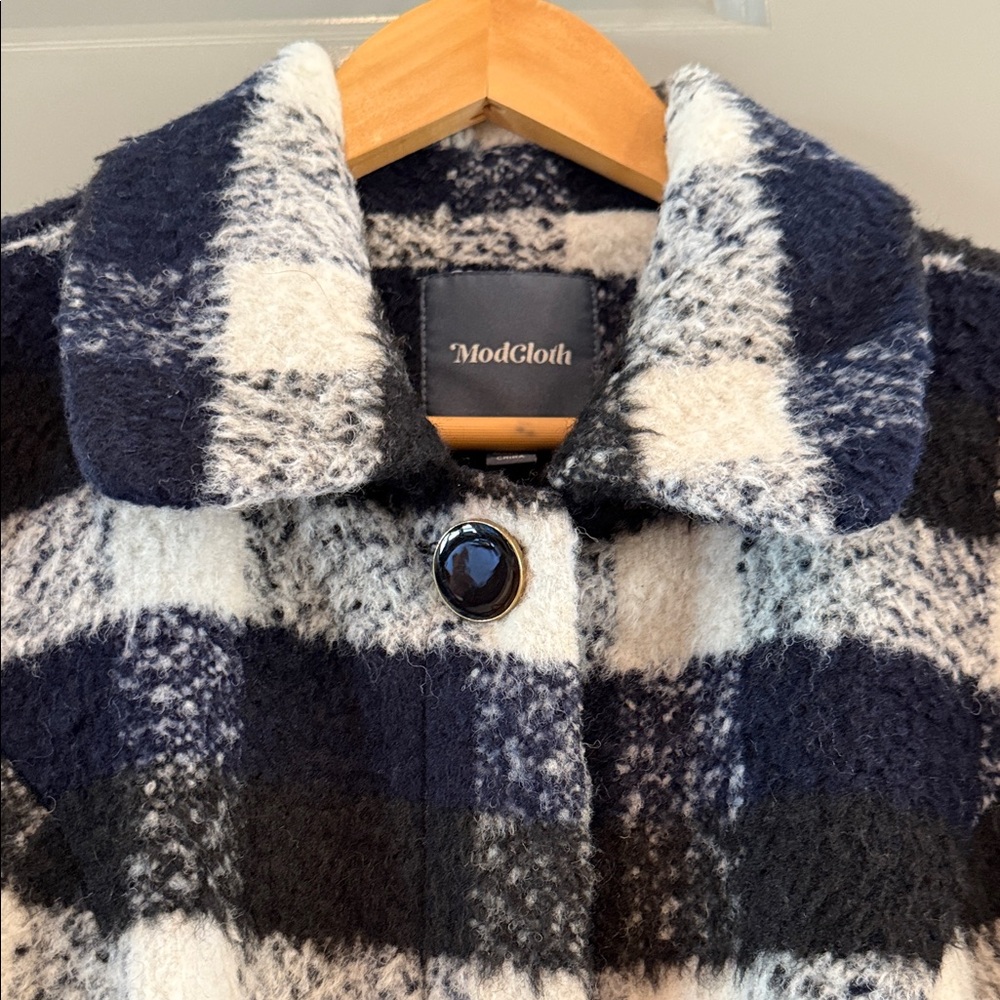 Modcloth Black Navy and White Plaid Coat - Picture 4 of 9